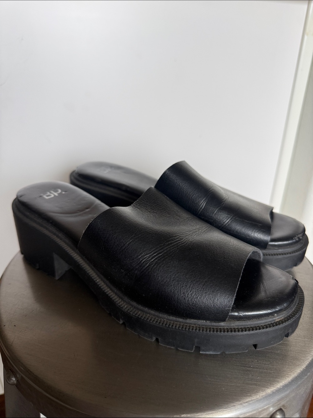 bp Black Leather Platform Slide Mules